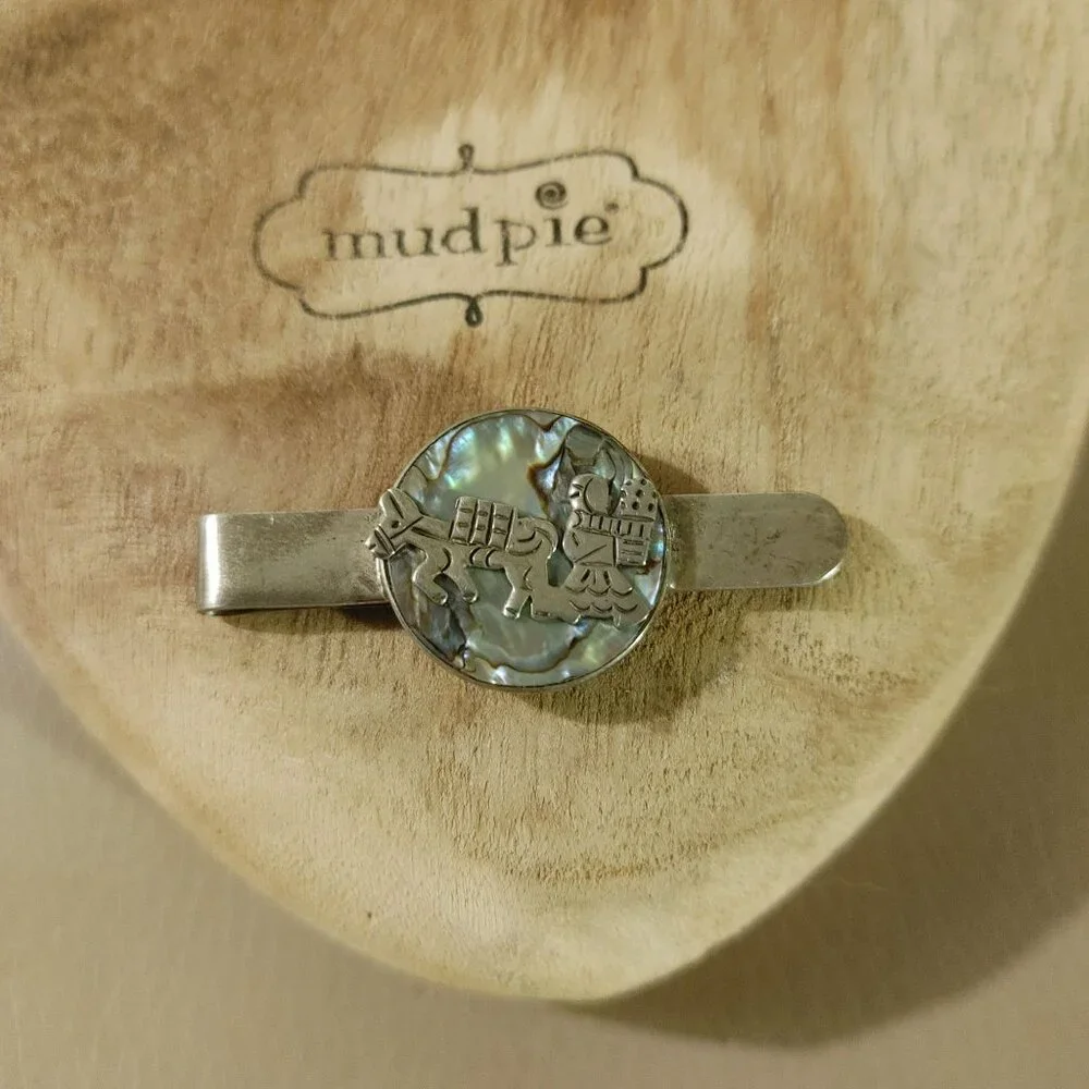 Kokopelli Abalone Inlay Tie or Money Clip Vintage Sterling Silver Stamped